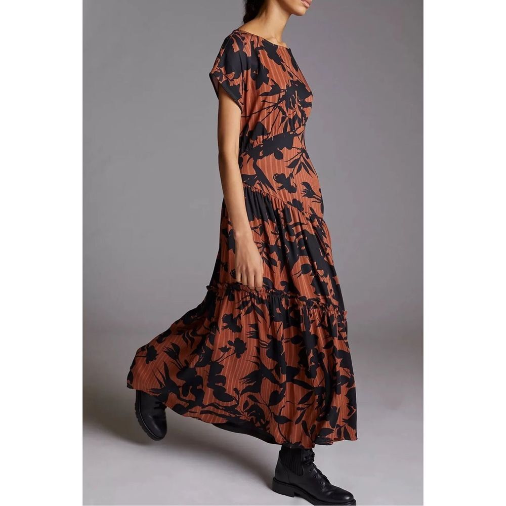 Anthropologie Rust Brown and Black Floral Maxi Dress